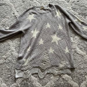 grey fringe sweater with stars